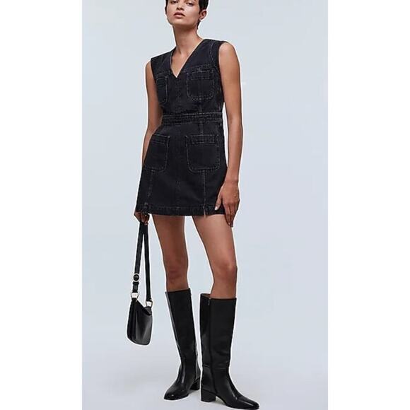 Madewell Dress Denim Cap-Sleeve Utility Pockets Mini Tarrybrook Wash Black NWT 6 - Picture 2 of 9